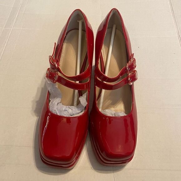 COUTGO Women’s Red Platform High Chunky Buckle Pumps Size 8.5 New With Defects - Picture 9 of 9